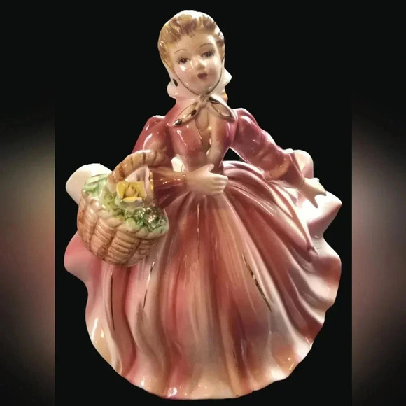 Vintage Lefton Lady in Flowing Pink Dress with Basket of Flowers Planter or Vase - Picture 1 of 11